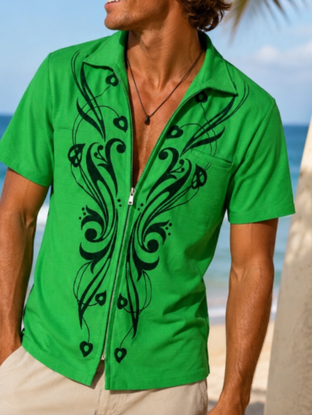 VINTAGE 50'S SEAR'S HAWAIIAN FASHION GREEN DK POLY + VELVET ZIP UP ALOHA SHIRT M